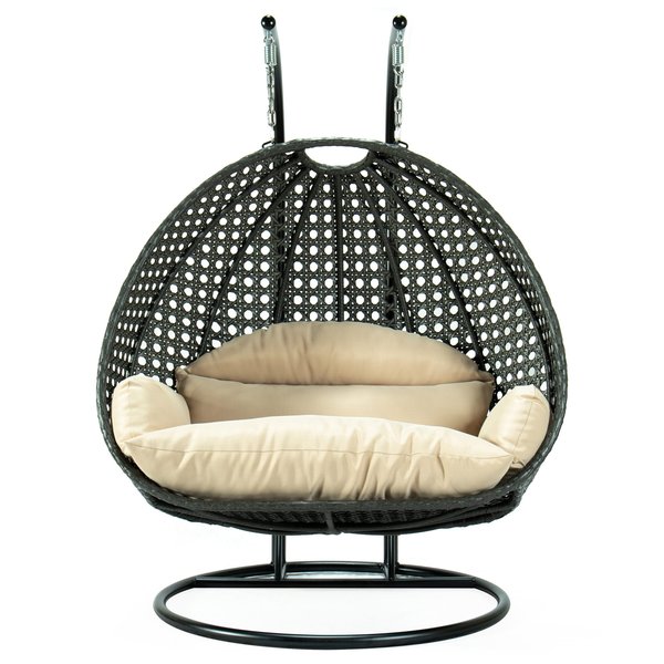 Leisuremod Charcoal Wicker Hanging 2 person Egg Swing Chair with Beige Cushions ESCCH-57BG